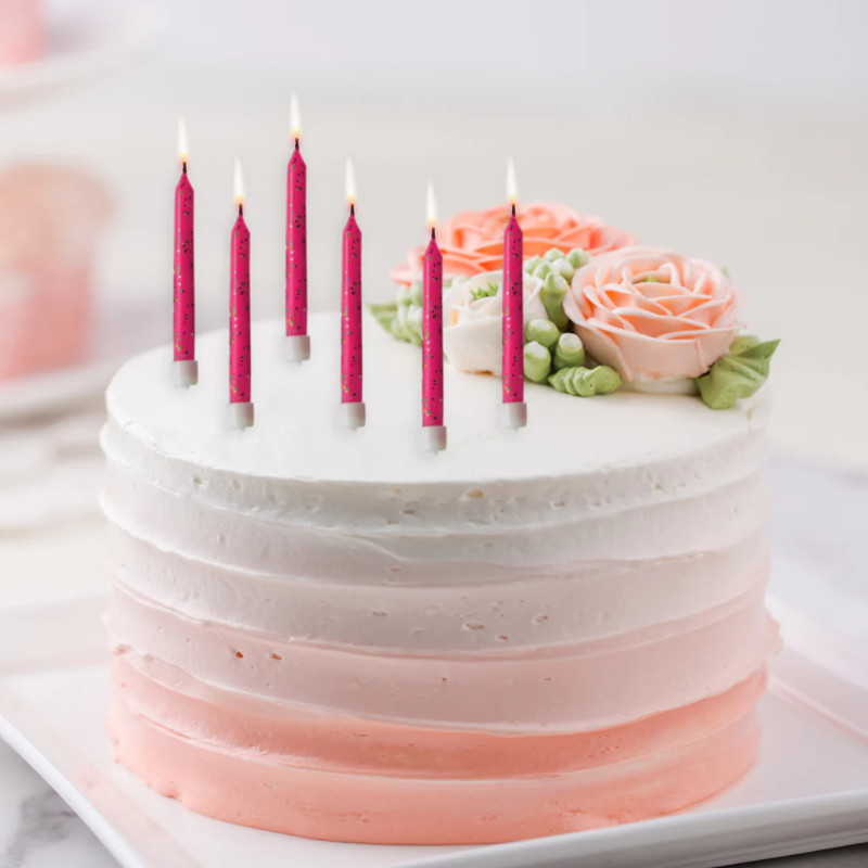 Kindergeburtstag-Geburtstagskerzen-Glitzer-Pink-mit-Halter-2