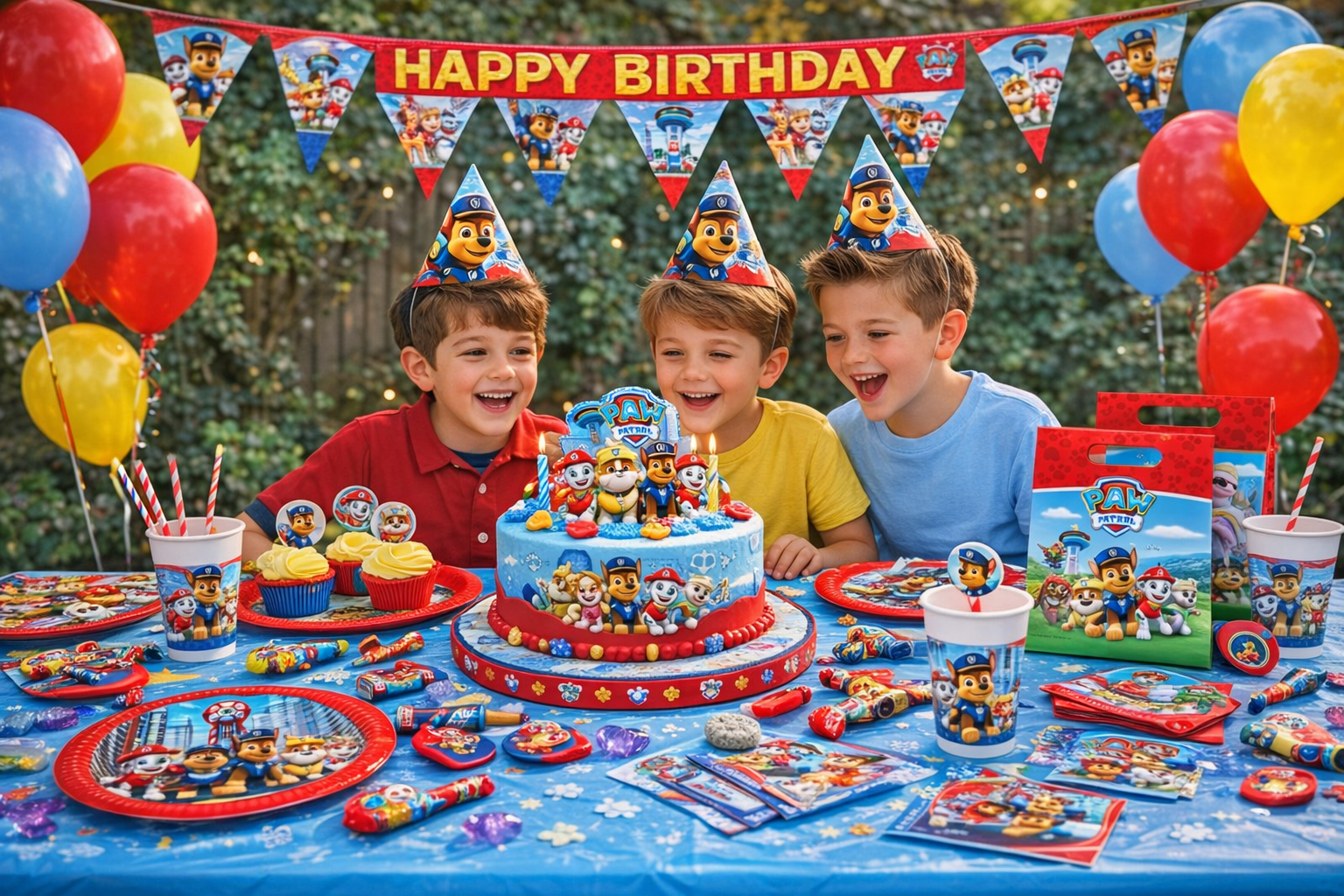 Paw Patrol, Geburtstagstorte, Partyhütchen, Ballon, Kinderfeier