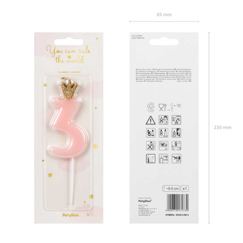 Kindergeburtstag-Zahlenkerze_Zahl_3_mit_Krone_Rosa_2