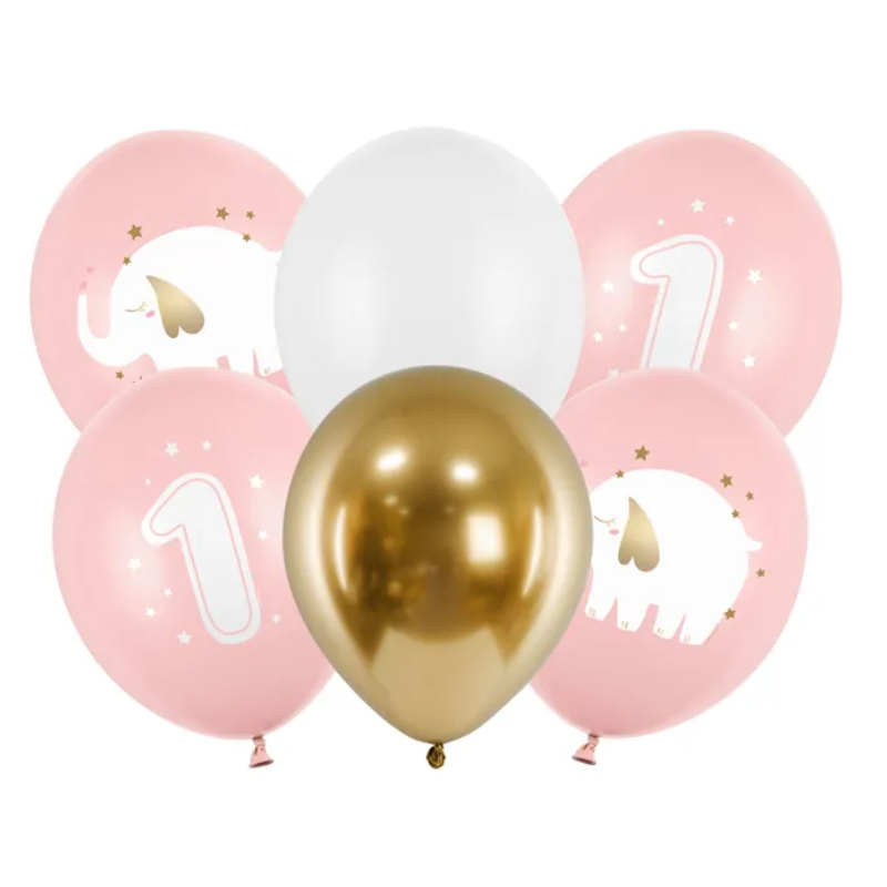 Luftballons Babyfant 1. Geburtstag pink, 6 Stk.
