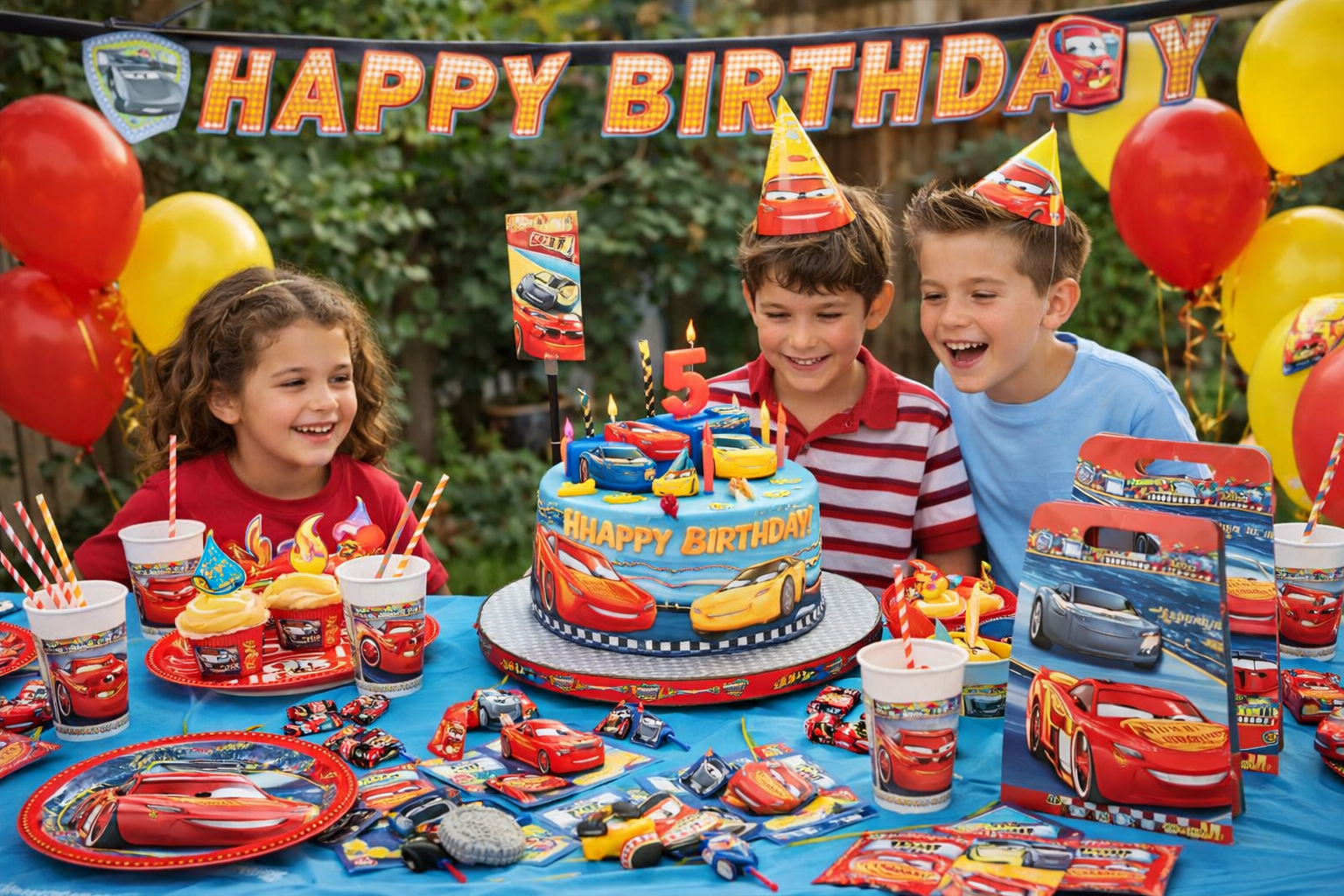 Kindergeburtstag, Torten, Autos, Party-Setup, Kuchenkerzen