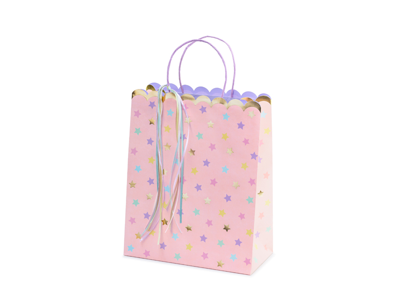 Geschenketasche, Papier Tasche, Streifen Sterne, Pastell Pink, Schleifen-Deko