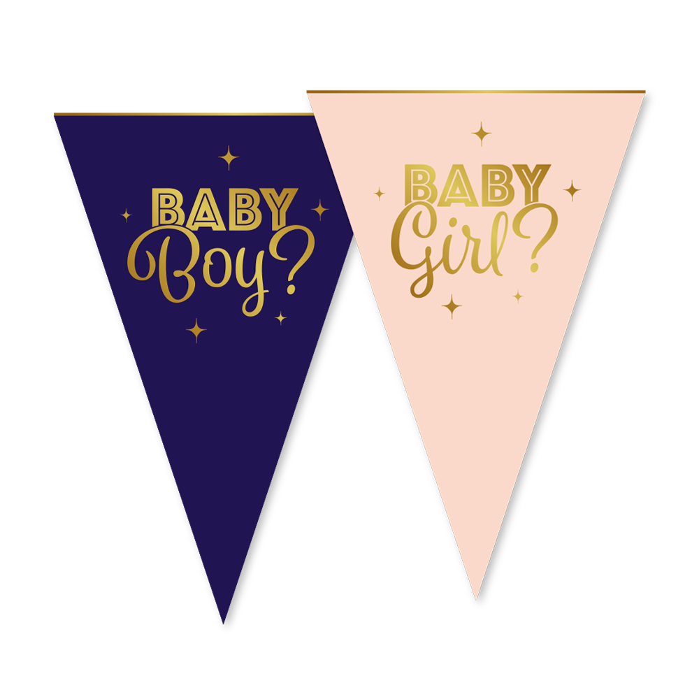 baby shower banner, flag bunting, pink flag, navy flag, gold text